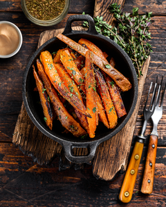 ZAATAR SPICED SWEET POTATO FRIES WITH ROASTED GARLIC & SUN-DRIED TOMATO TAHINI DIP