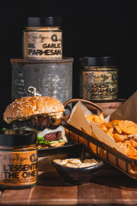GOURMET BURGER WITH CARAMELIZED ONION SAUCE & GARLIC PARMESAN FRIES