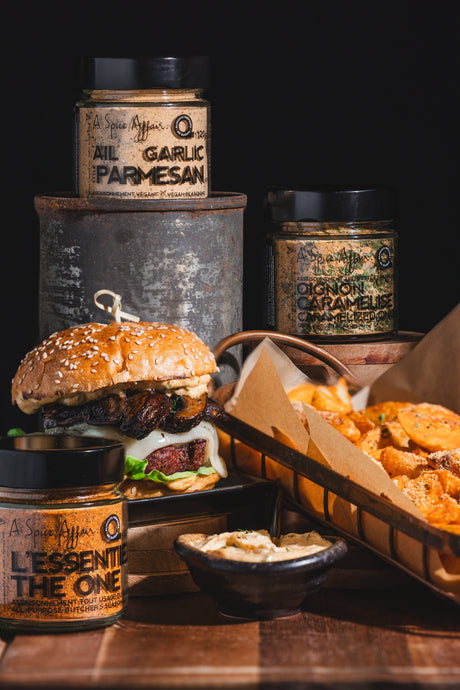 GOURMET BURGER WITH CARAMELIZED ONION SAUCE & GARLIC PARMESAN FRIES
